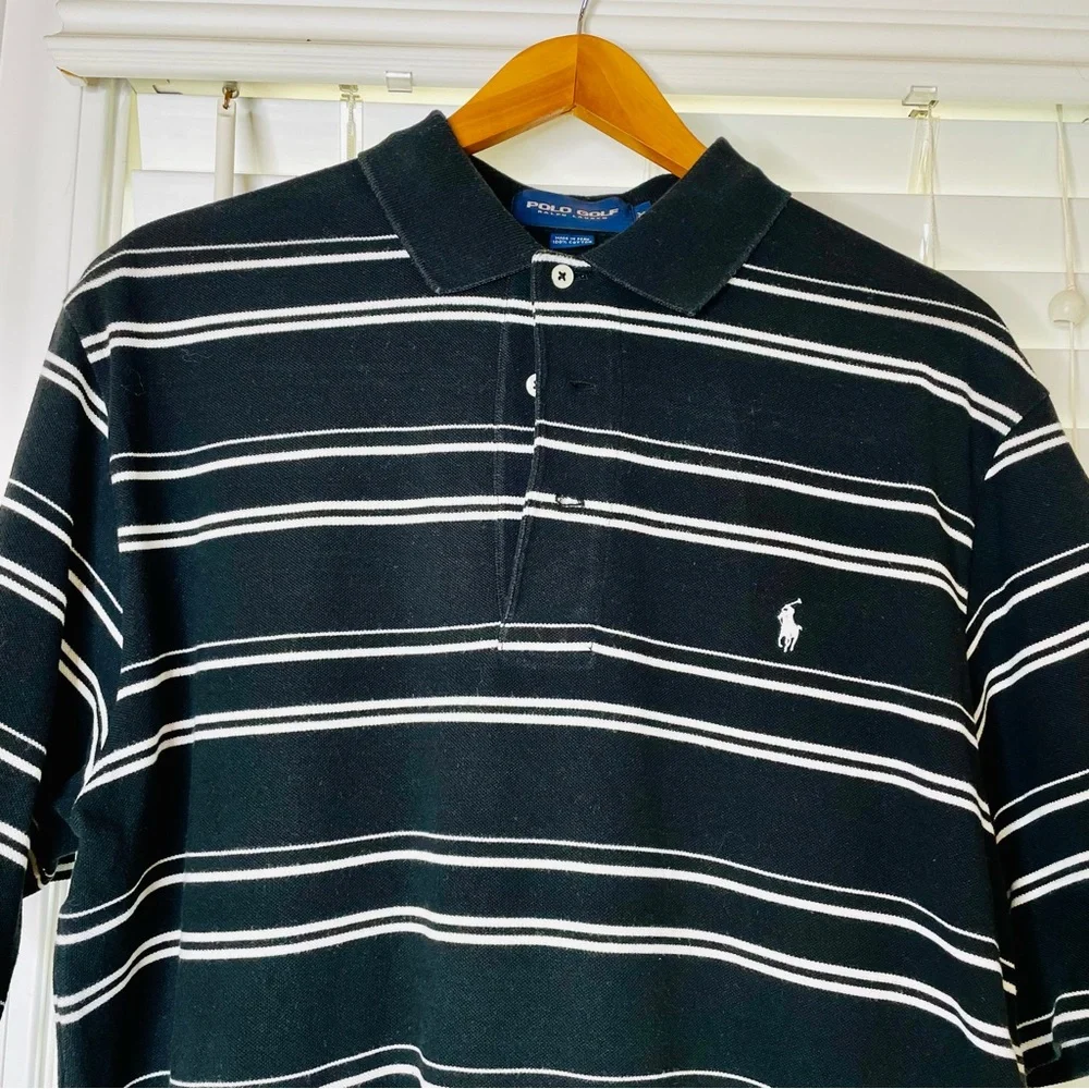 🩷 POLO GOLF RALPH LAUREN MENS SIZE MEDIUM COTTON BLACK & WHITE STRIPED GREAT - Picture 6 of 7
